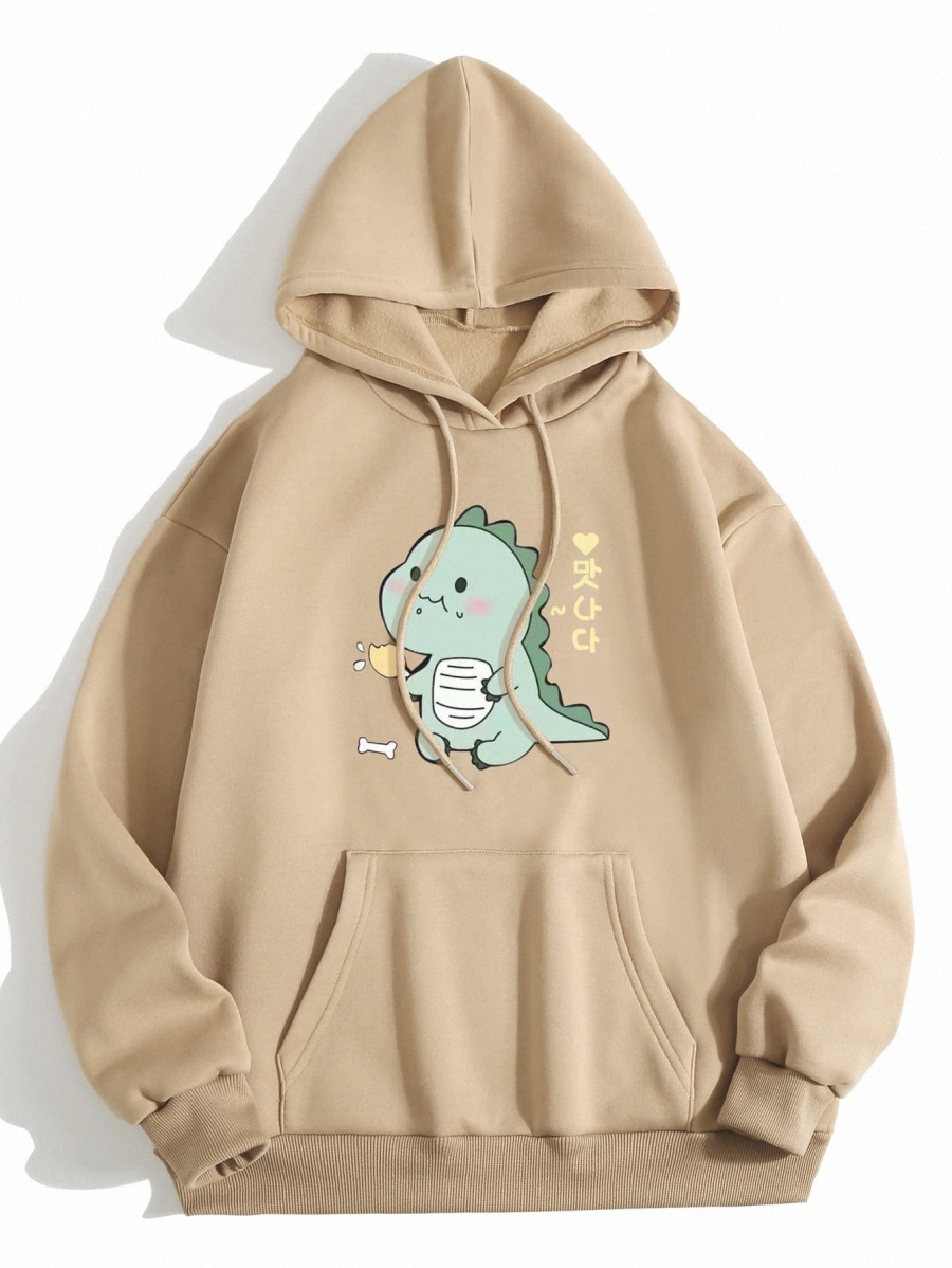 

Cartoon And Korean Letter Graphic Drawstring Thermal Lined Hoodie n7wY#, Apricot