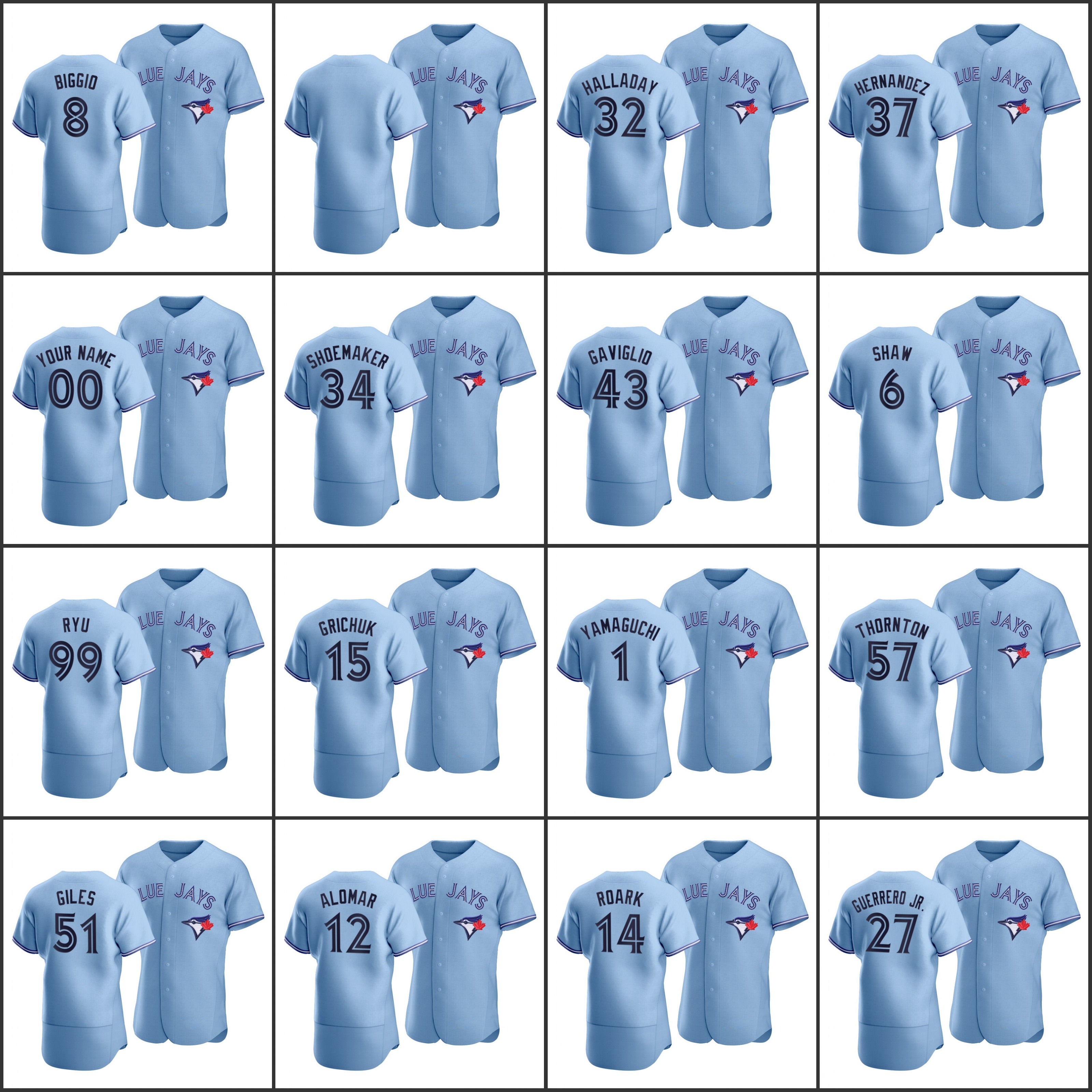 

Men Toronto BlueJays #27 Vladimir Guerrero Jr. 99 Hyun-Jin Ryu 1 Shun Yamaguchi Custom Women Youth Authentic Alternate Jersey Light Blue