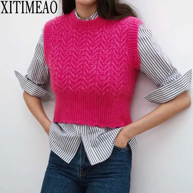 

ZA Women Fashion Knitted Vest Sweater O-neck Sleeveless Solid Color Loose Female Waistcoat Chic Tops XITIMEAO 210604, Rose red