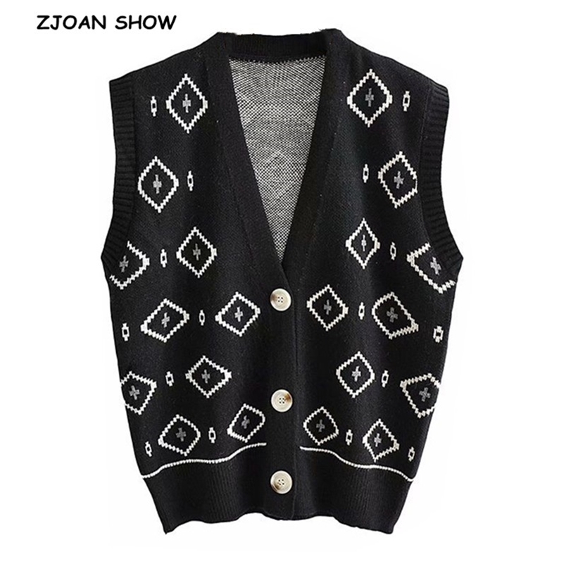 

Autumn V neck Jacquard Plaid Knitting Vests Retro Sleeveless Sweater Buttons Vintage Women Cardigan Loose Casual Knitwear 210429, Black