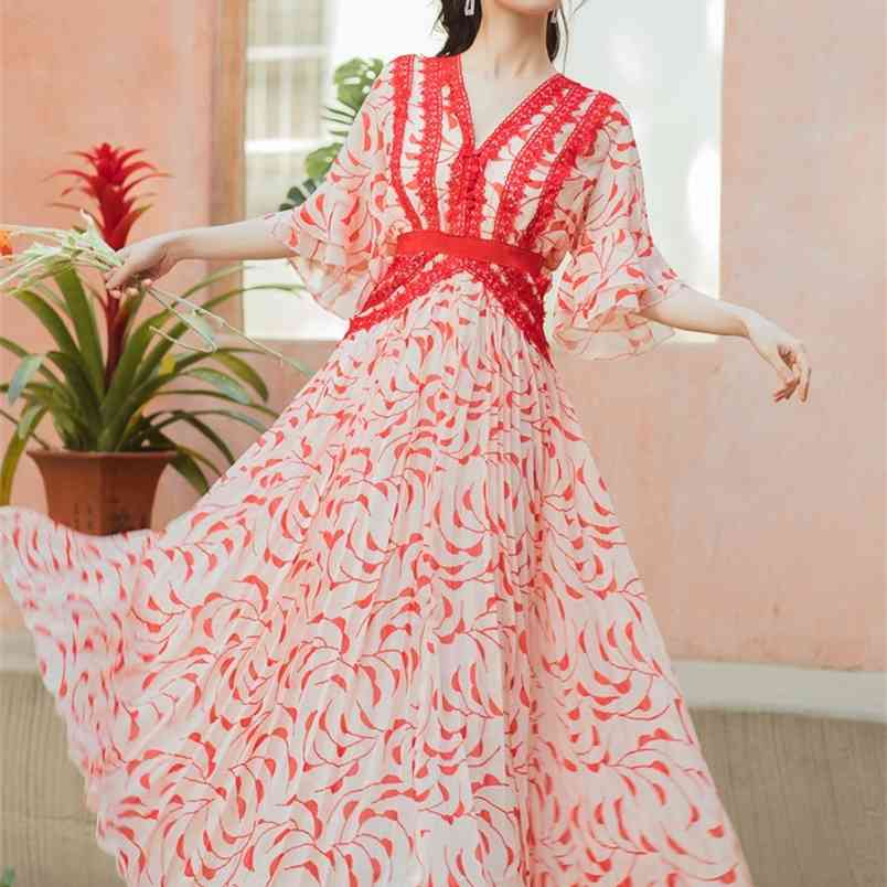 

Runway Design Summer Woman Vintage Dress Elegant Lace Patchwork Chiffon V-Neck Bohemia Pleated Maxi Vestidos 210519, Photo color