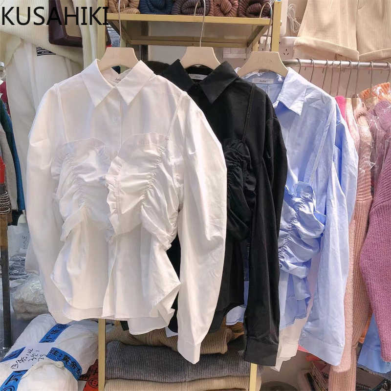 

Women Blouse 2 Pieces Sets Puff Sleeve Turn-down Collar Blusas Shirt + Pleated Sling Vest Korean Spring Suits 6E660 210603, Blue