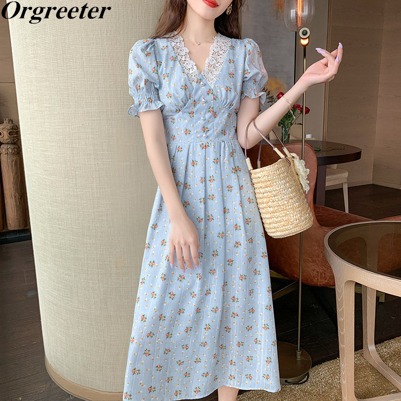 

Temperament Lady Sweet Floral Print Dress Summer Fashion Lace V-neck Puff sleeve Slim Chiffon Long 210525, Beige