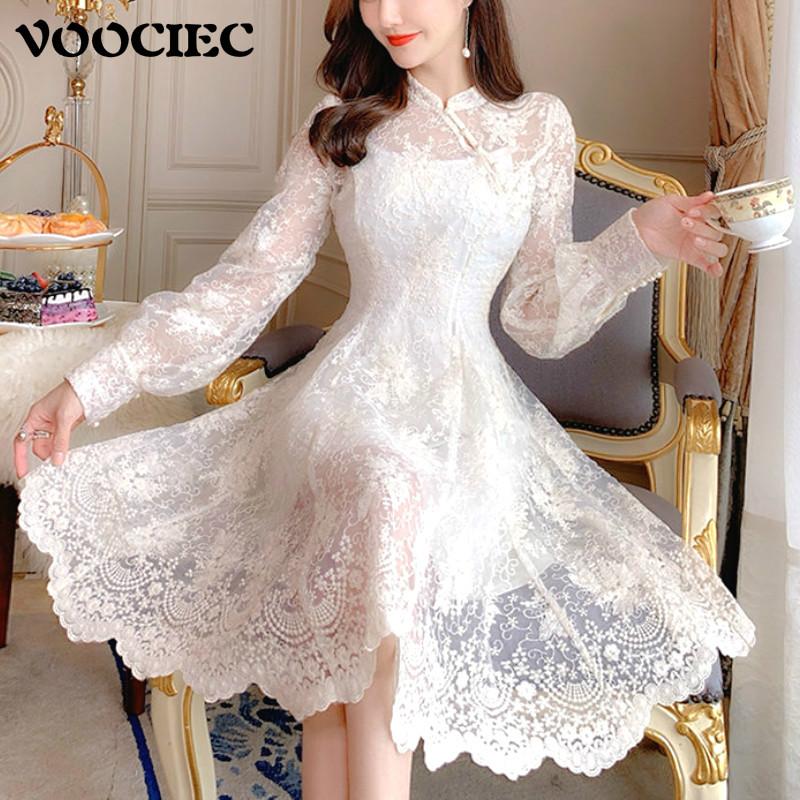 

Casual Dresses VOOCIEC Autumn Elegant Fairy Dress Women French Style Designer Party Long Sleeve Vintage Chiffon, Beige