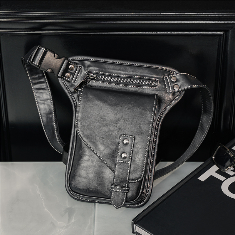 

Wholesale factory men shoulder bags street personalized belt decoration leisure mobile phone bag Joker black fashion backpack outdoor trend leather handbag, Black(boutique box)