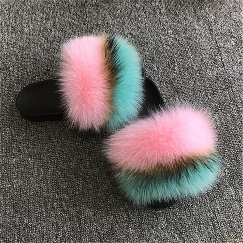 

Slippers Women's Real Fur Slipper Furry Summer Beach Sandals Flip Flop Slides Flats Female Outdoor Shoes, Black