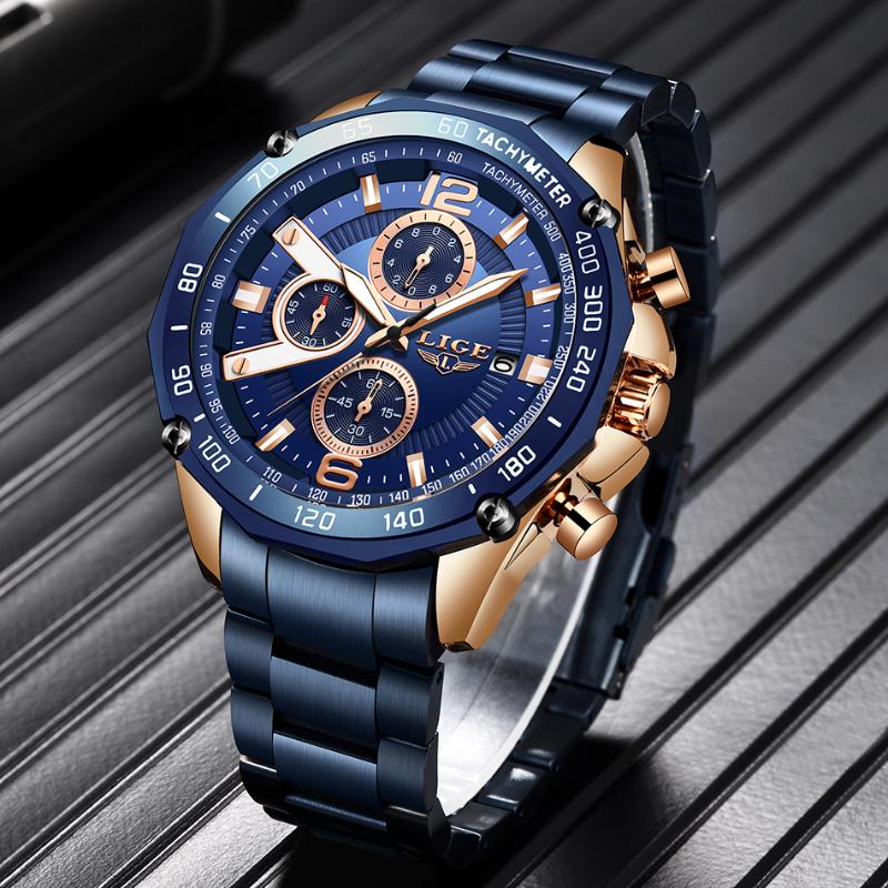 

Wristwatches LIGE Fashion Business Mens Watches Top Clock Male Military All Steel Waterproof Quartz Watch Relogio Masculino+BOX, Rose gold black