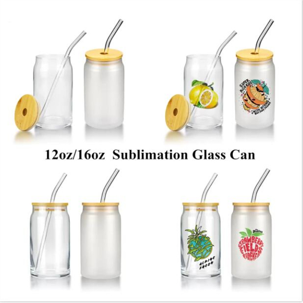 

12oz/16oz Sublimation Blank Glass Beer Mugs Can Shaped Cups Soda Tumbler Drinking Mason Jar Juice Glasses With Bamboo Lid And Reusable Straw, Clear with lid and straw