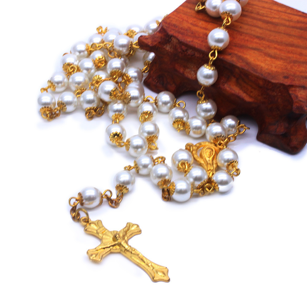 

Rosario de perlas doradas, collar con cuentas, cruz, joyería, suministros religiosos católicos