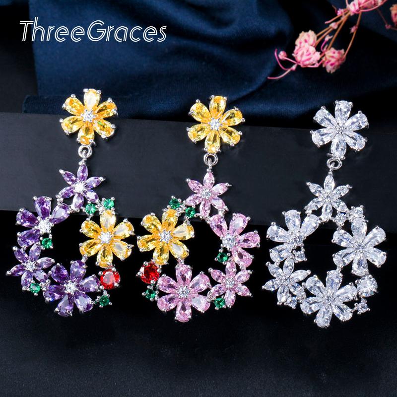 

Dangle & Chandelier ThreeGraces 2021 Summer Cubic Zirconia Crystal Purple Pink White Chrysanthemum Flower Long Big Ladies Earrings E0045, Silver