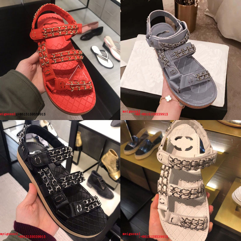 

Female sandals Flats designer creates high quality summer beach Casual sandals Velcro metal chain Genuine Leatherr Sandals 2021New With box, Black