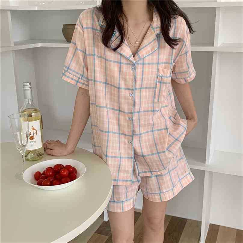 

Chic Geometric Cotton Summer All Match Loose Plaid Casual Homewear Women Home Sleepwear Pajamas Suits Sets 210525, Purple