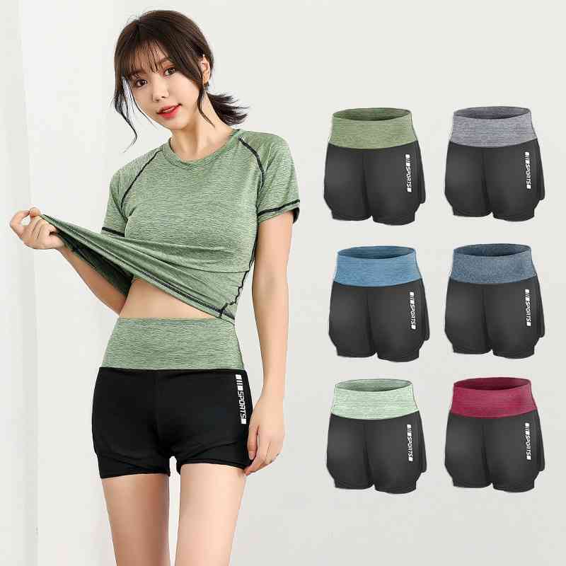 Running women&#039;s Gym fake two yoga tight shorts high waist training casual pants-image-702559136
