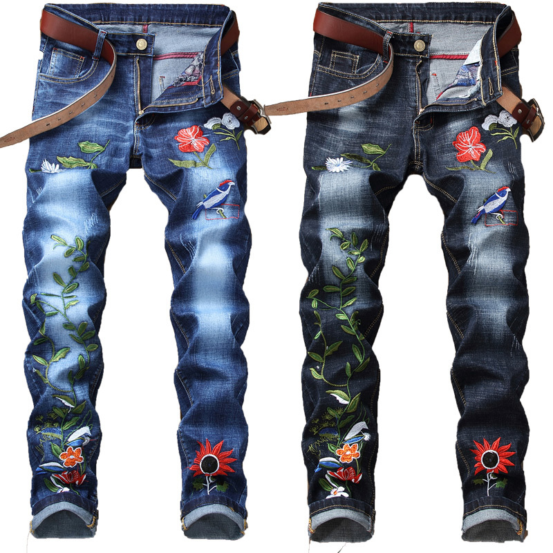 

fashion jeans 2021 men's male embroidered national blue black slim pants chinese style classical trend casual denim trousers