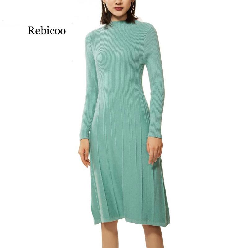 

Casual Dresses Autumn Winter Dress Women Cashmere Wool Blending Turtleneck Fitted Waist Ribbed Elbow Slim Vestidos, Beige