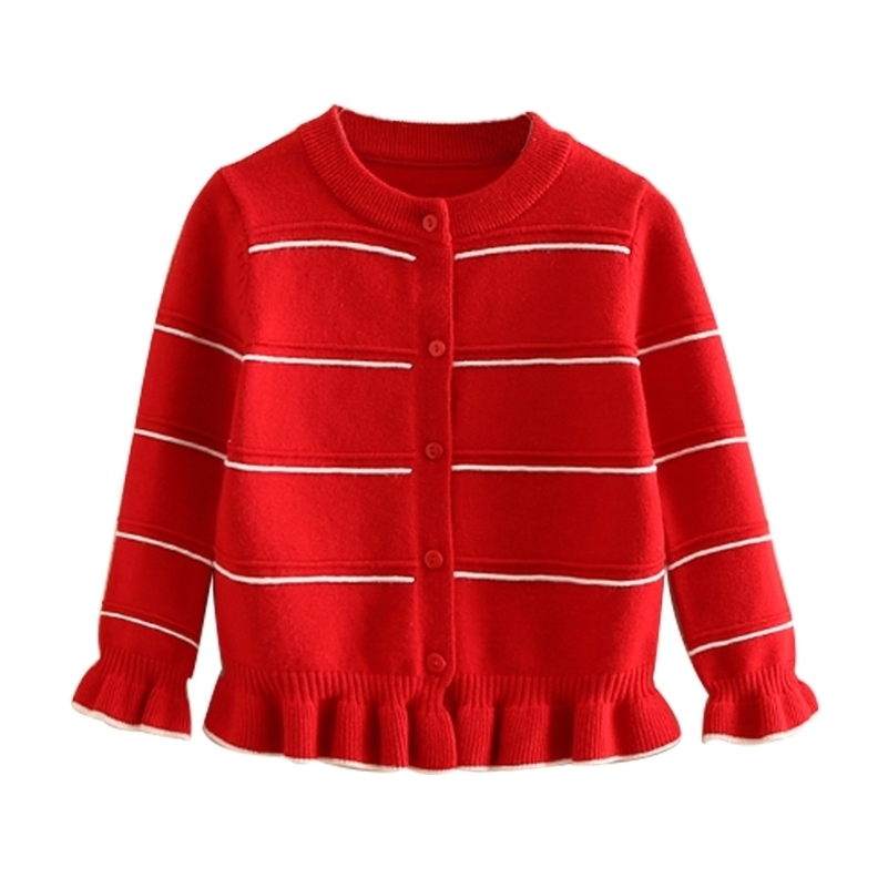 

Autumn Spring 3 4 6-12 Years Teenage Christmas Gift Red O-Neck Ruffles Cotton Knitted Cardigan Sweaters For Kids Baby Girls 210701