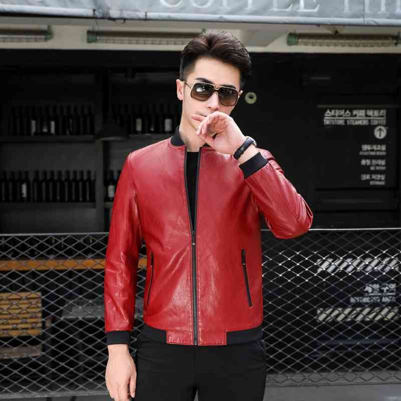 

Korean slim fit thin motorcycle jacket Haining casual fashion leather Pu new hunting coat men, Red