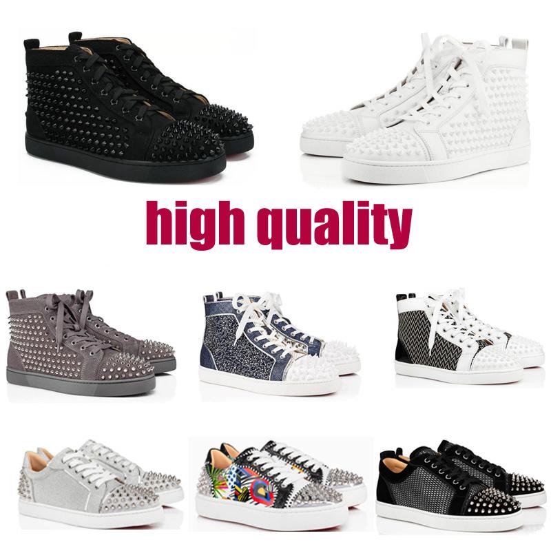 

LOUBOUTIN CHRISTIAN Luxury Shoes Studded Spikes Fashion Red Suede Leather Mens Sneaker Womens Flat Bottoms Party Lovers Size 36-48 With SxB, Blue