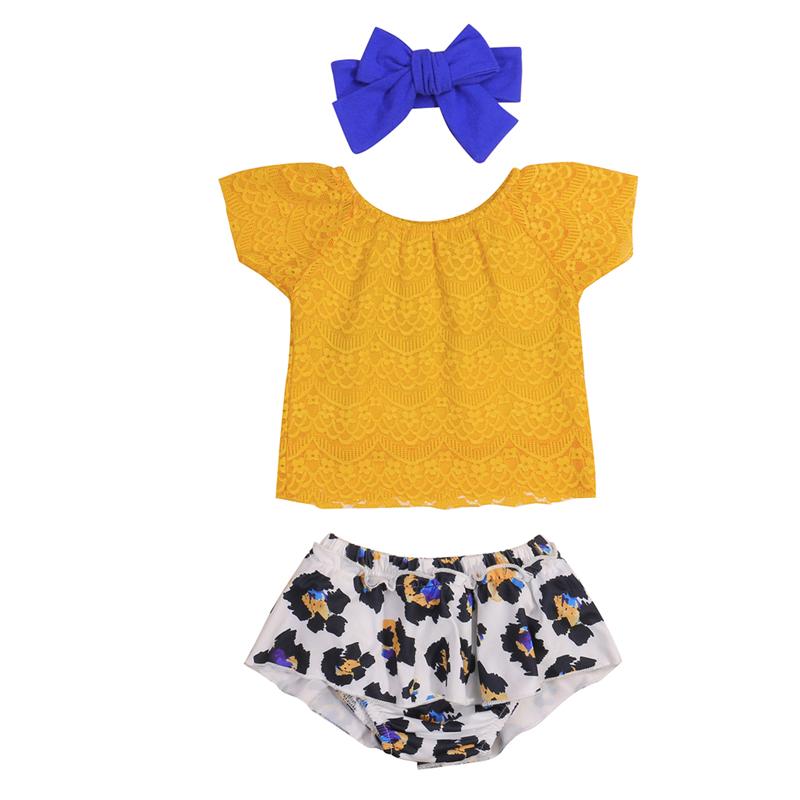 

Clothing Sets Pudcoco 0-24M 3Pcs Summer Baby Girls Infant Kids Yellow Lace Off-the-Shoulder Blouse Tops+Leopard Shorts Pants+Headdress, White