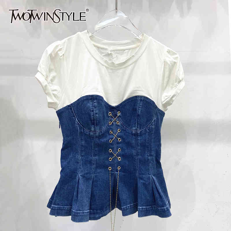

TWOWINSYLE Casual Lace Up Patchwork Denim Shirt For Women O Neck Short Sleeve Loose Shirts Females Summer Fashion 210524, Blue