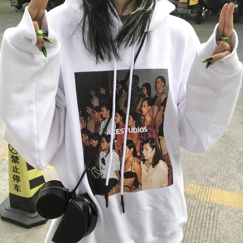 

Women's Hoodies & Sweatshirts 2021 American High Street Retro Niche Trendy Brand Black Character Print Hooded Sweater Ladies Spring And Autu