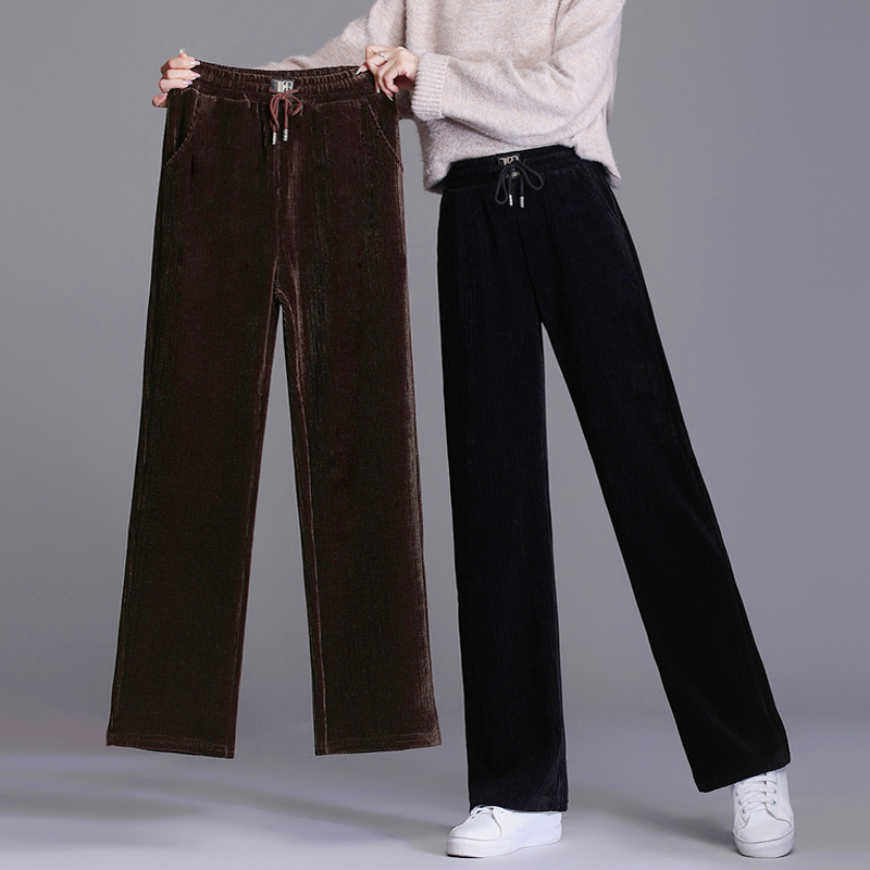 

Women Autumn Winter Thick Corduroy Pants Cold Weather High Waist Vintage Wide Leg Trousers Elegant Warm Loose Quality Streetwear, Black-no velvet