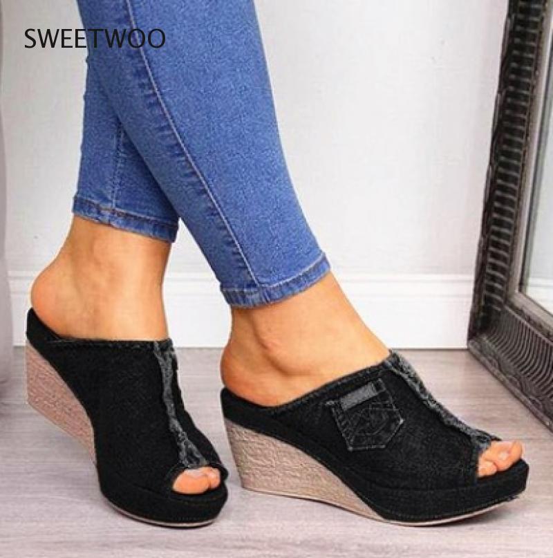 

Dress Shoes Women's Sandals Woman Wedge Comfortable Ladies Slip-on Flat Denim Platform, Black