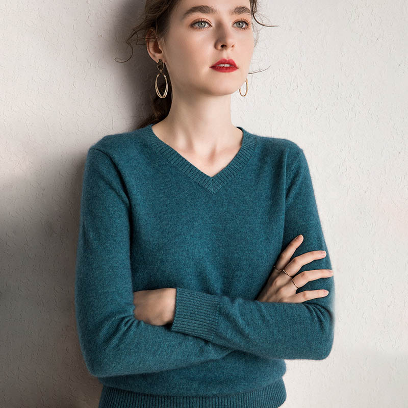

100% Goat Cashmere Knit Sweaters Women Pullovers 15Colors V-Neck Soft High Quality Ladies Jumpers Woman Clothes, As picture4
