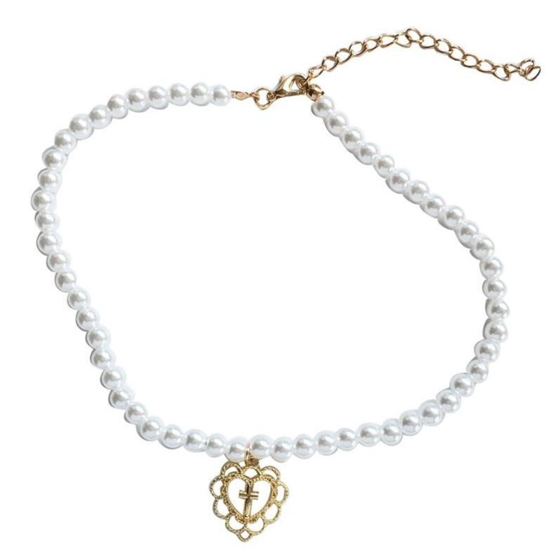 

Chains Punk Gothic Harajuku Pearl Chain Hollow Heart Shape Pendant Court Cross Necklace U90F, Silver