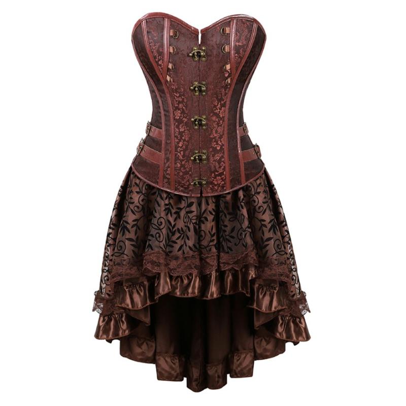 

Skirt Set Brown Women Vintage Halloween Pirate Costume Gothic Leather Corset Bustier With Burlesque Steampunk Corset Dress, 7056 brown