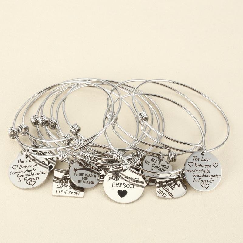 

10pcs Random Charms Bracelet With Plate/Heart Adjustable Extendable Bangle Hand Imprint Positive Inspirational Quote Cuff