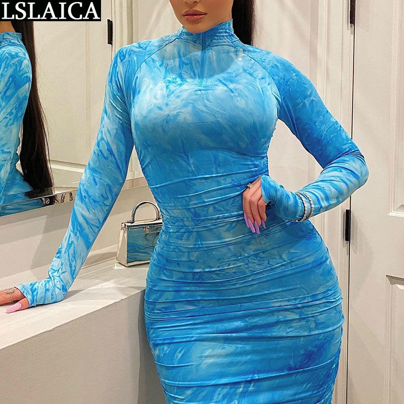 

summer long sleeve dress women print fashion high waist Midi- party club zip casual pencil female 210520, Brown