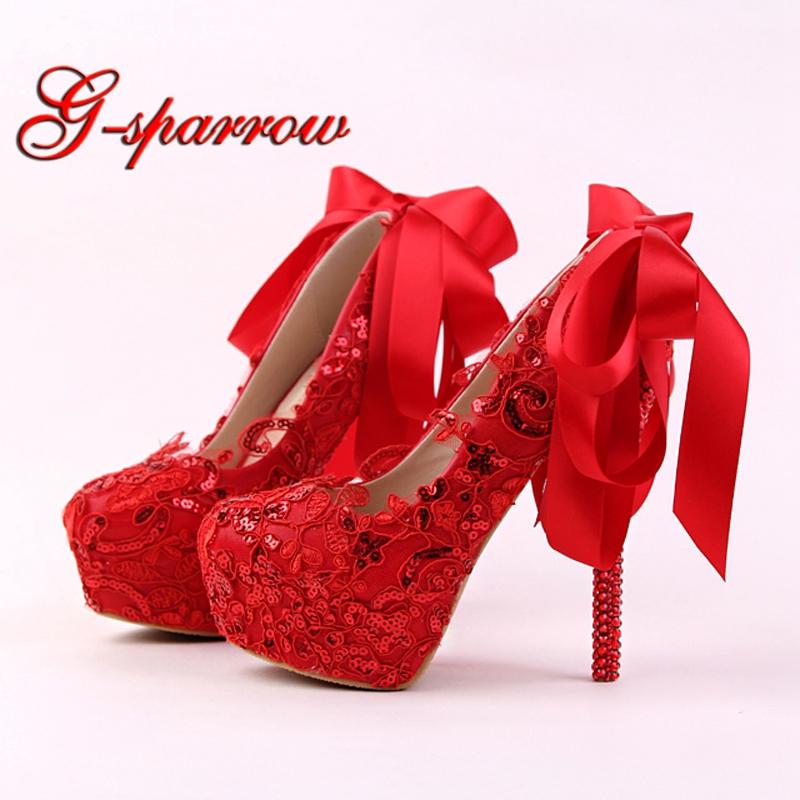 

Dress Shoes Handmade Red Lace Bride Fashion Glitter Stiletto Heel Wedding With Ribbon Bow And Rhinestone Women Pumps, Black
