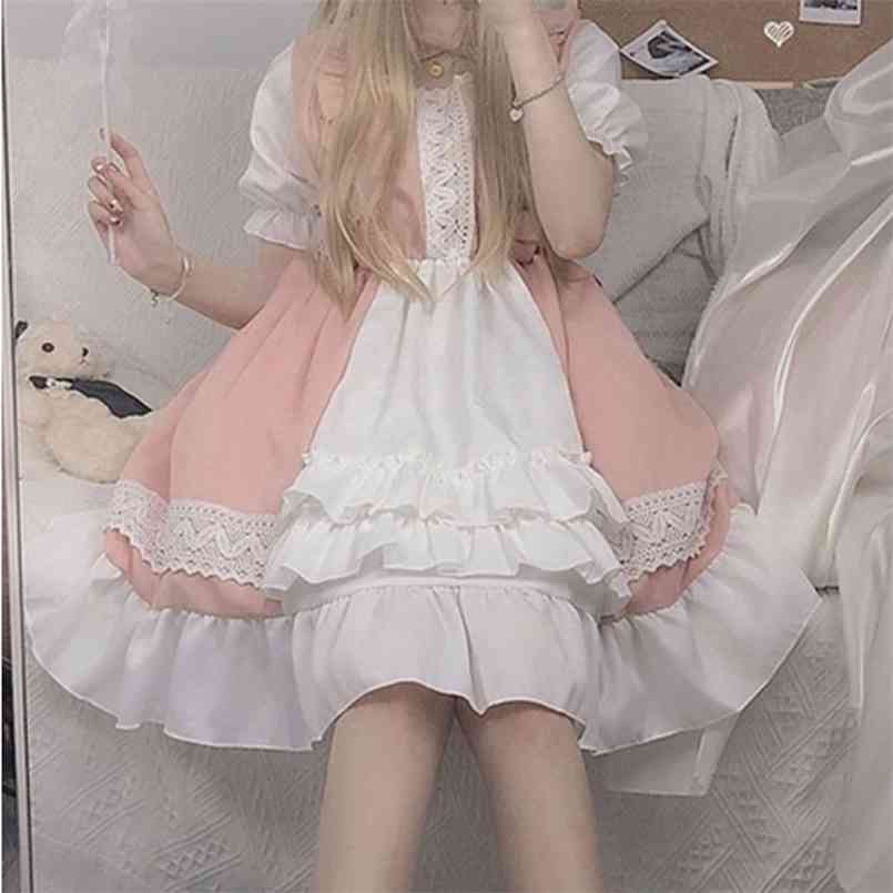 

QWEEK Kawaii Lolita Maid Dress Pink Goth Gothic Birthday Party Puff Sleeve Japanese Harajuku Ruffle Lace-up Soft Girls 210729, Short sleeve