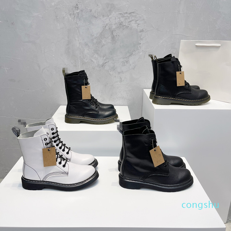 Men Designer Martin Boot Women Ankle Genuine Leather Military Combat Models Platform Boots Triple Cowhide Motorcycle Shoes white 2