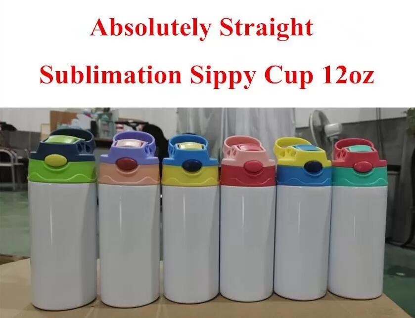 

12oz Sublimation Straight Sippy Cup Children Water Bottle 350ml Blank white Portable Stainless Steel vacuum insulated Drinking tumbler for kids 6 colors, Multi