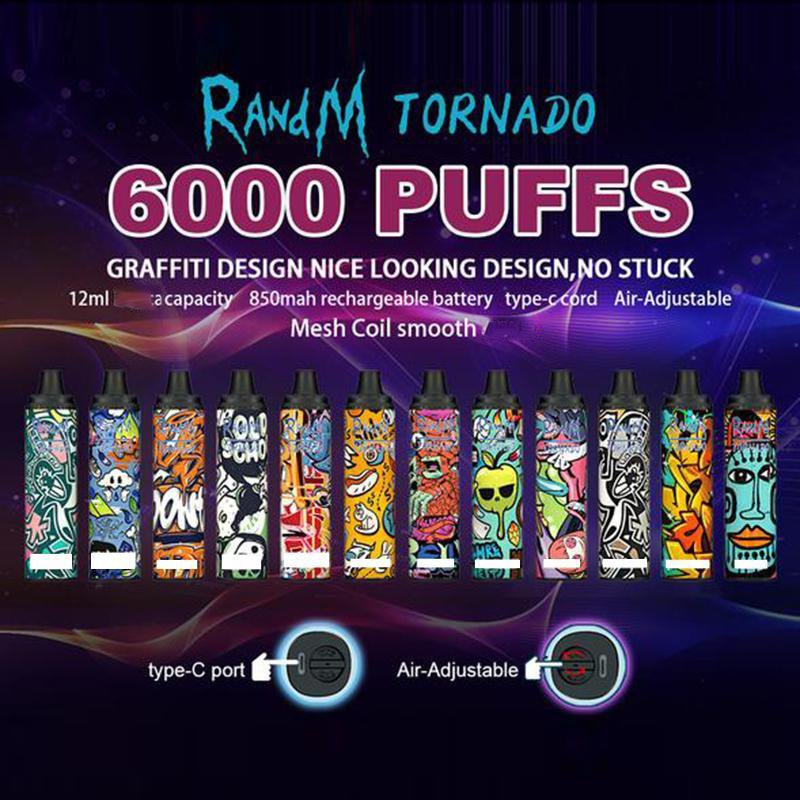 

RANDM TORNADO Disposable Vape 6000 PUFFS Bars E Cigarette Device Pod 12ml Capatity 850mah Battery Rechargeable Air-Adjust Flow VS GEEK BAR PUFF PLUS