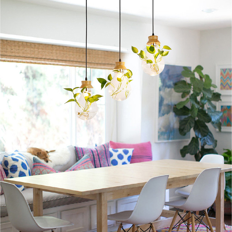 

Modern Plant Pendant Lamp Wood Glass Bottle Decor Restaurant Bar Cafe Living Room Study Lighting LED Hang Lamp