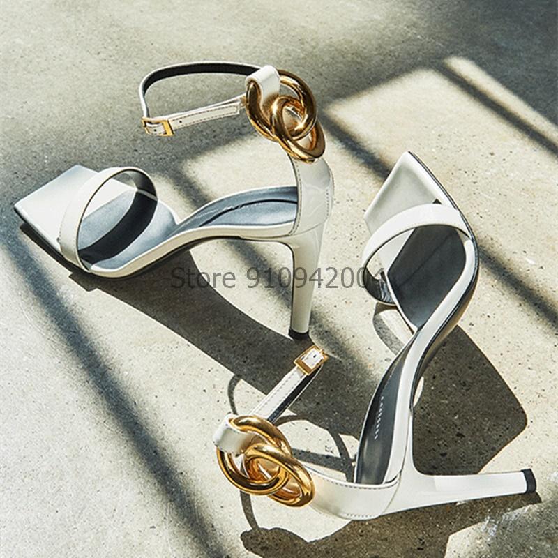 

Summer Thin High Heels Women's Shoes Fashion Sexy Metal Chain Decoration Ankle Strap White Black Sandals Dress
