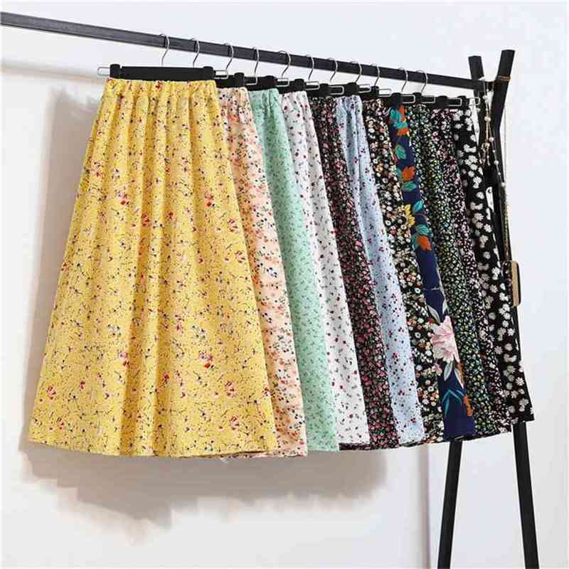 

Floral Printed Skirt Women Summer Pleated Skirts Vintage Drawstring Elastic High Waist Midi Casual Korean A Line F147 210708