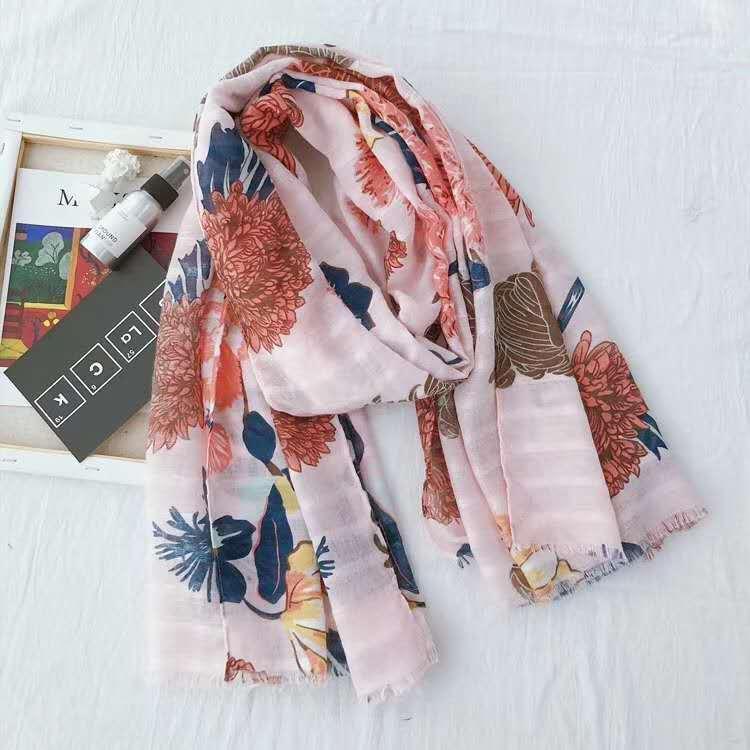 

Scarves Fashion Lady Scarf Spring And Summer Sweet Flower Cotton Linen Printing Long Paragraph Demolition Wild Decorative Shawl, Blue;gray