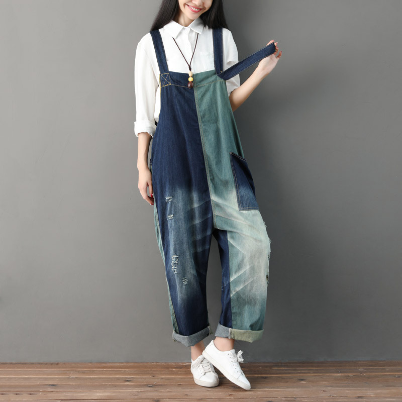 

Johnature Casual Jeans Full Length Loose Jumpsuits Patchwork Pockets Mixed Colors Spring/Autumn Rompers Women Jumpsuit 210521, Gray