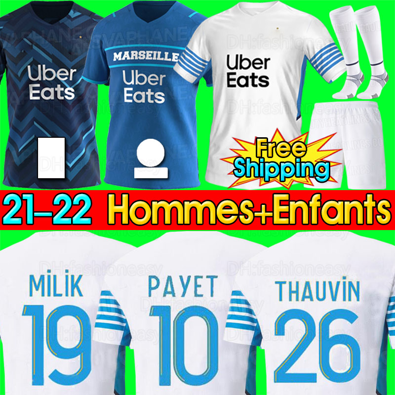 

21 22 Olympique De Marseille soccer jersey Maillot OM jerseys 2021 2022 maillot de foot PAYET THAUVIN maillots de football Shirt Men Kids Kit shorts socks, P13 20 21 away kids