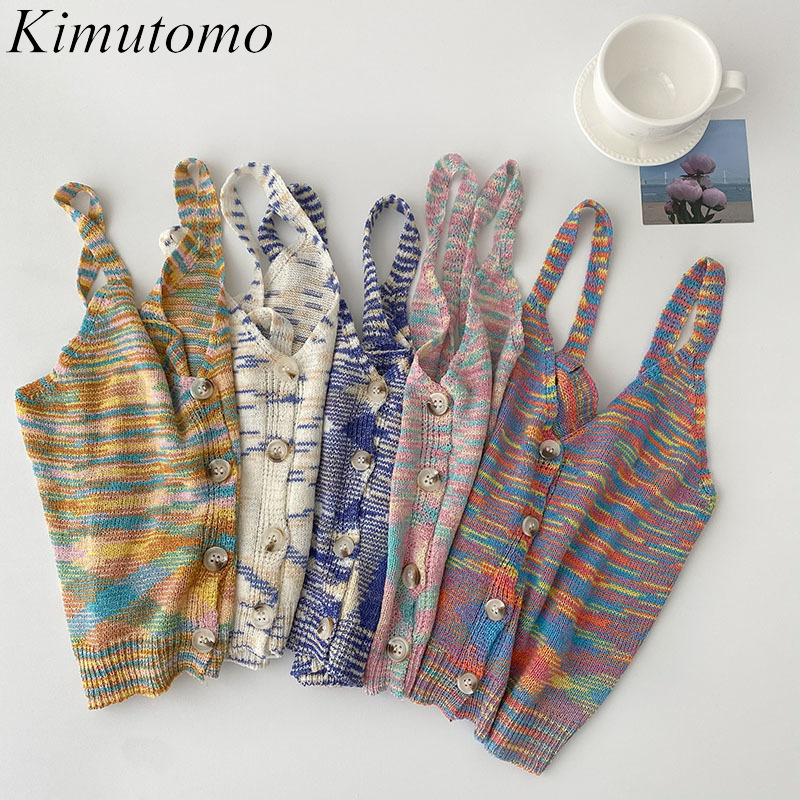 

Kimutomo Chic Tie Dye Short Tanks Summer V-neck Single Buttons Sleeveless Knitted Camis Female Korean Fashion Casual Top 210521, Yellow