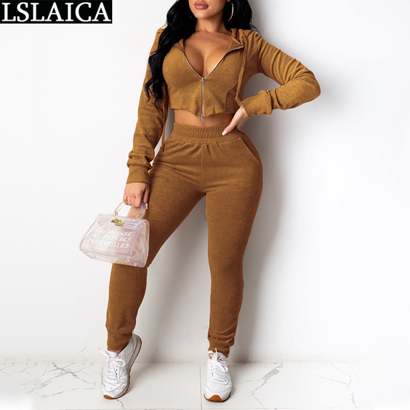 

Tracksuit Women Zipper Pocket Two Piece Set Hooded Collar Casual Streetwear Fashion Solid Exposed Navel Dresy Damskie 210520, Brown