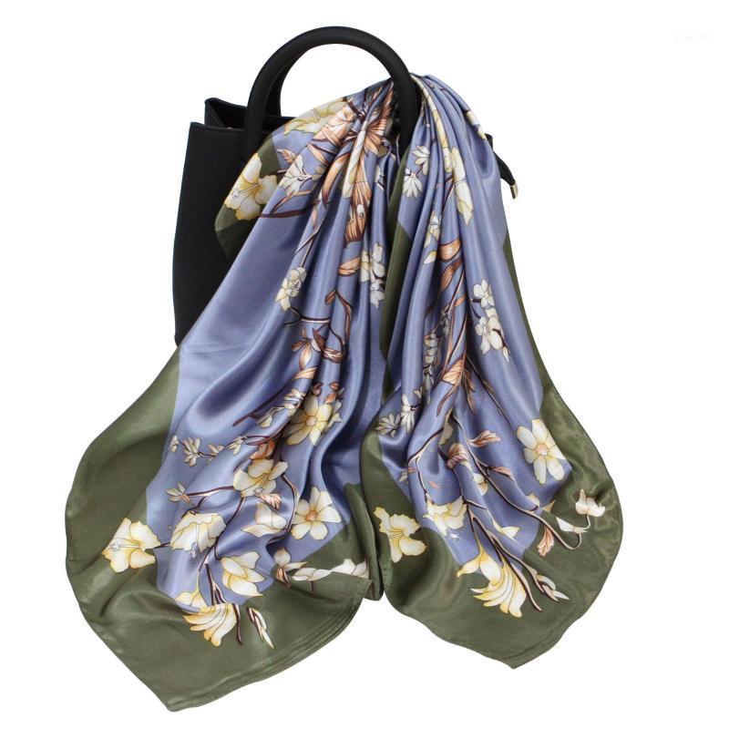 

Scarves 90cm Silk Satin Printed Square Scarf Women Spring, Summer And Autumn All-match Bib, Blue;gray