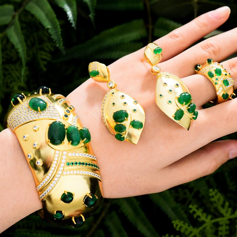 

Earrings & Necklace Missvikki Red Green Blue Dubai Luxury Wide Bangle Ring Jewelry Set For Women Bridal Wedding Party Show High Quality, As pic