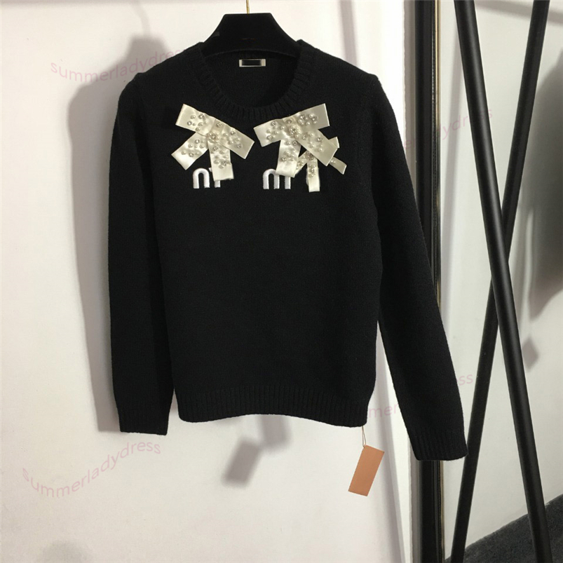 

Pearl Diamond Bow Sweater Embroidery Letter Long Sleeves Fashion Round Neck Pullovers Simple Soft Warm Knitted Sweaters, White