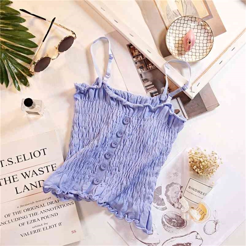 

Purple Tops Flounce Hem Knitted Camis Cute Crop Buttons ole Ladies Sleveeless Spaghetti Top For Women 210517, White