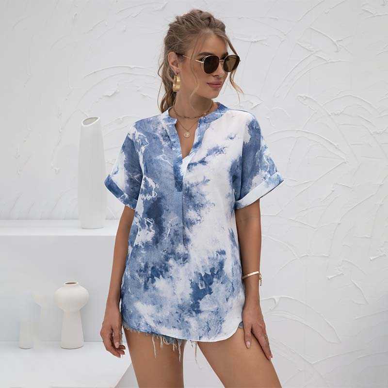 

Women Chiffon T Shirt V Neck Tie Dye Short Sleeve Tops Female Casual Loose Pullover Streetwear Summer Tee Shirts 210604, White